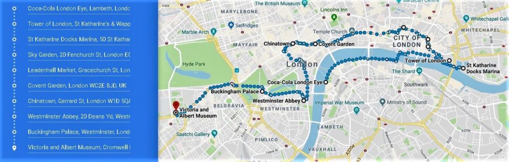 Map with London itinerary, day 1