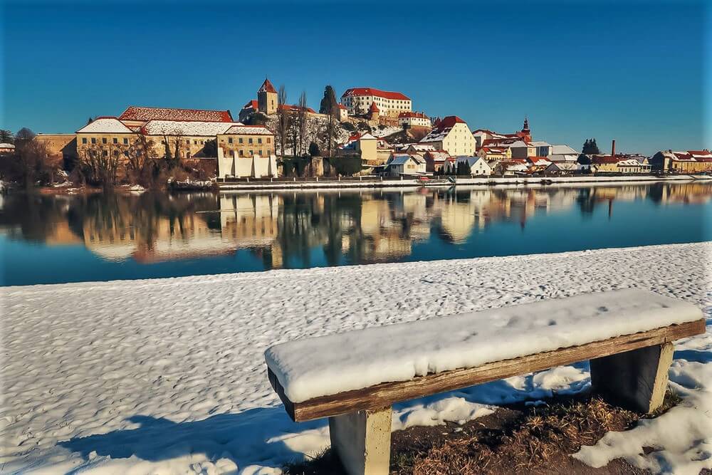 Winter river view of ptuj, Slovenia