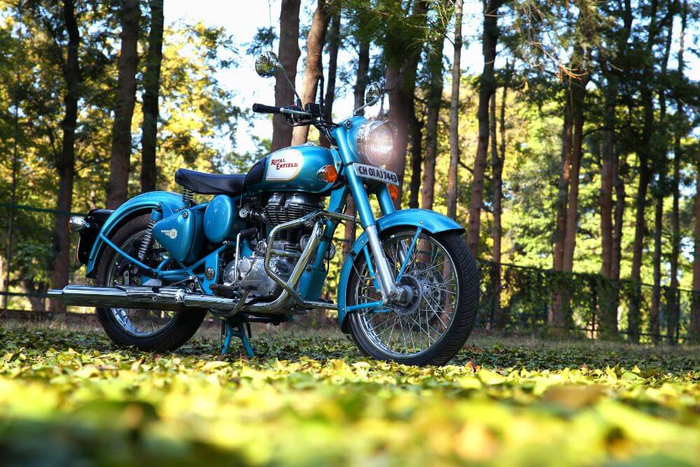 blue motorcycle on grass in a forest, bike packing list