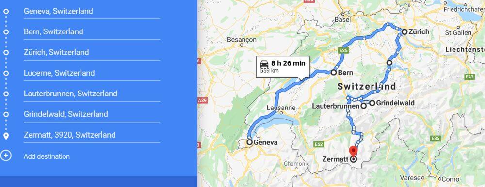 Map of the Switzerland 7-day itinerary, places to visit
