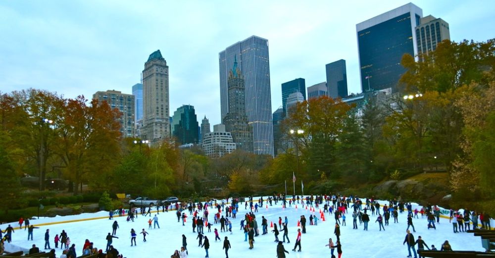 Ice skating in the central park in New York City in winter