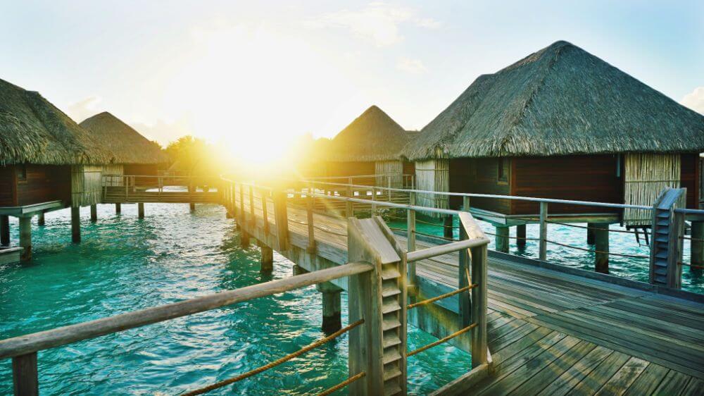 Hotels on the water in Tahiti, sunset view