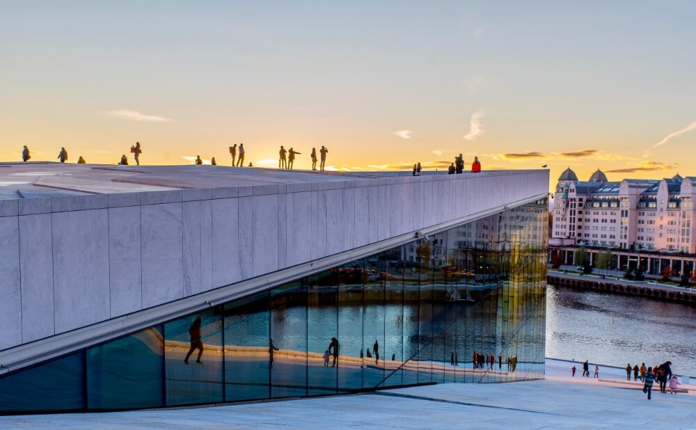 Sunset in Oslo on a weekend, art museum in center