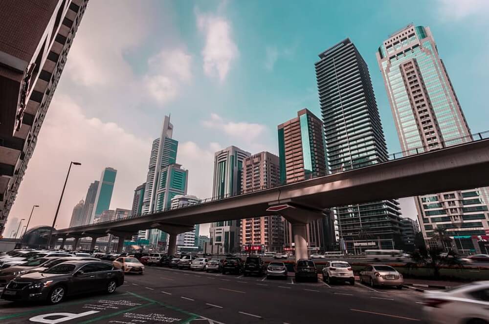 United Arab Emirates city highway with cars and skyscrapers