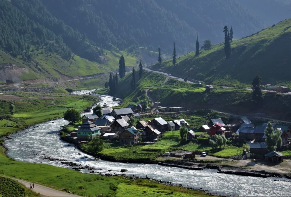 Village with surounding river in Kashmir mountains, India